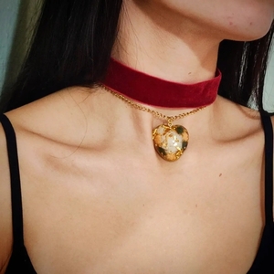 Velvet Choker με καρδιά από υγρό γυαλί - ύφασμα, γυαλί, επιχρυσωμένα, καρδιά, ατσάλι