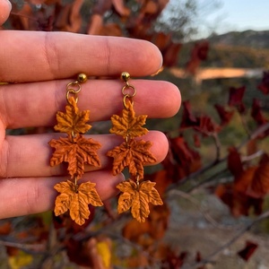 Maple Leaves | Χειροποίητα σκουλαρίκια πηλού - επιχρυσωμένα, πηλός, λουλούδι, ατσάλι, boho - 2