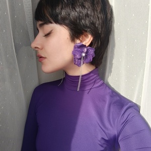 Σκουλαρίκια "Purple Fantasy" - πηλός, λουλούδι, ατσάλι, boho, μεγάλα - 2