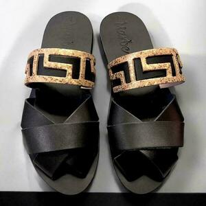 Marbe Handmade Peep Toe Sandals : Charis - δέρμα, μαύρα, αρχαιοελληνικό, φλατ, slides - 2