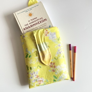 Χειροποίητη θήκη βιβλίου, flowers on yellow - ύφασμα, θήκες βιβλίων - 2