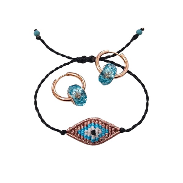 Σετ βραχιόλι boho chic μάτι χειροποίητο μακραμέ και σκουλαρίκια ατσάλινοι κρίκοι ροζ χρυσό - κορδόνια, μάτι, ατσάλι, αυξομειούμενα, σετ κοσμημάτων