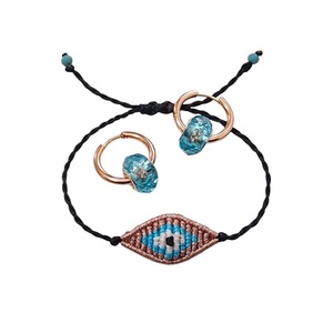 Σετ βραχιόλι boho chic μάτι χειροποίητο μακραμέ και σκουλαρίκια ατσάλινοι κρίκοι ροζ χρυσό - κορδόνια, μάτι, ατσάλι, αυξομειούμενα, σετ κοσμημάτων