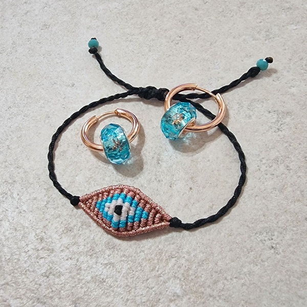 Σετ βραχιόλι boho chic μάτι χειροποίητο μακραμέ και σκουλαρίκια ατσάλινοι κρίκοι ροζ χρυσό - κορδόνια, μάτι, ατσάλι, αυξομειούμενα, σετ κοσμημάτων - 2