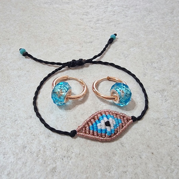 Σετ βραχιόλι boho chic μάτι χειροποίητο μακραμέ και σκουλαρίκια ατσάλινοι κρίκοι ροζ χρυσό - κορδόνια, μάτι, ατσάλι, αυξομειούμενα, σετ κοσμημάτων - 4