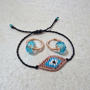 Σετ βραχιόλι boho chic μάτι χειροποίητο μακραμέ και σκουλαρίκια ατσάλινοι κρίκοι ροζ χρυσό - κορδόνια, μάτι, ατσάλι, αυξομειούμενα, σετ κοσμημάτων - 4