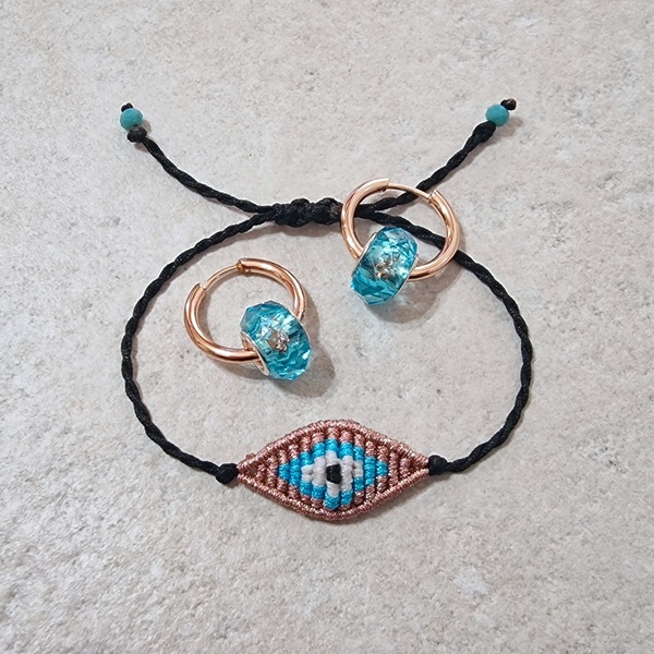 Σετ βραχιόλι boho chic μάτι χειροποίητο μακραμέ και σκουλαρίκια ατσάλινοι κρίκοι ροζ χρυσό - κορδόνια, μάτι, ατσάλι, αυξομειούμενα, σετ κοσμημάτων - 5