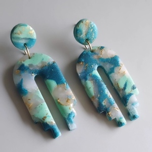 Κρεμαστά σκουλαρίκια γεωμετρικό σχέδιο Marble Blue - πηλός, ατσάλι, καρφάκι - 2
