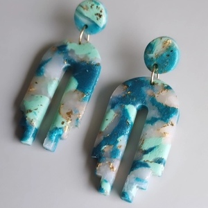 Κρεμαστά σκουλαρίκια γεωμετρικό σχέδιο Marble Blue - πηλός, ατσάλι, καρφάκι - 4