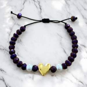 Amore purple - Κρυστάλλινες χάντρες σε μωβ χρώμα, επιχρυσωμένο μοτίφ καρδιά περαστή και πέρλες - καρδιά, χάντρες, ποδιού, αυξομειούμενα, φθηνά - 2