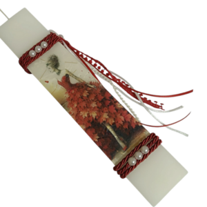 Αρωματική λαμπάδα με σαγρέ υφή decoupage μια κοπέλα με κόκκινο φόρεμα!! - λαμπάδες, για ενήλικες