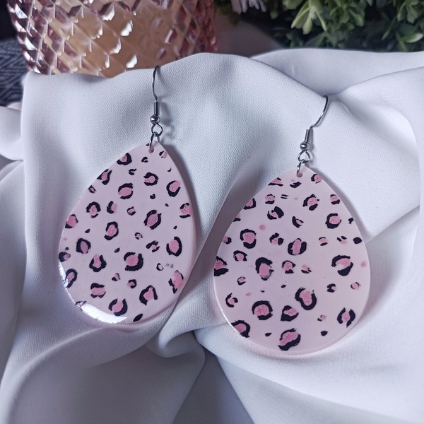 Σκουλαρίκια animal print ροζ ζωγραφισμένο από υγρό γυαλί - γυαλί, ρητίνη, μακριά, ατσάλι, μεγάλα - 2