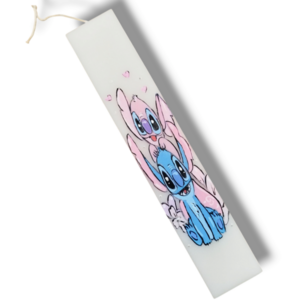 Πασχαλινή λαμπάδα πλακέ 25 εκ. "Stitch and Angel" ζωγραφισμένη στο χέρι - κορίτσι, λαμπάδες, για παιδιά, ήρωες κινουμένων σχεδίων, προσωποποιημένα