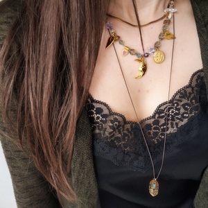 Boho κολιέ ροζάριο με ημιπολύτιμες πέτρες αχάτη κ διάφορα επίχρυσα στοιχεία - ημιπολύτιμες πέτρες, αχάτης, καρδιά, φεγγάρι, boho - 4