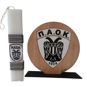 Λαμπάδα λευκή πλακέ 20 εκ ΠΑΟΚ με διακοσμητικό άσπρο μαύρο ξύλινο Σταντ - λαμπάδες, για παιδιά, για ενήλικες, για εφήβους, σπορ και ομάδες