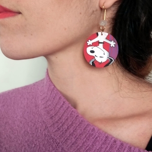 Σκουλαρίκια Snoopy - ζωγραφισμένα σε ξύλο διαμέτρου 4cm - ξύλο, μακριά, μικρά, boho - 2