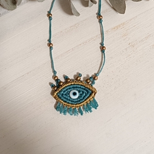 Μακραμέ boho κολιέ μάτι, τιρκουάζ / χρυσό - ορείχαλκος, μάτι, χάντρες, μακριά, boho