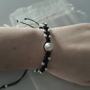 Pearly black βραχιόλι Νο1 - κορδόνια, χάντρες, πέρλες, χεριού, αυξομειούμενα - 2