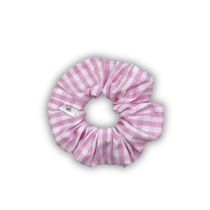 Pink gingham scrunchie - ύφασμα, για τα μαλλιά, λαστιχάκια μαλλιών