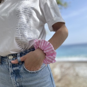 Pink gingham scrunchie - ύφασμα, για τα μαλλιά, λαστιχάκια μαλλιών - 2