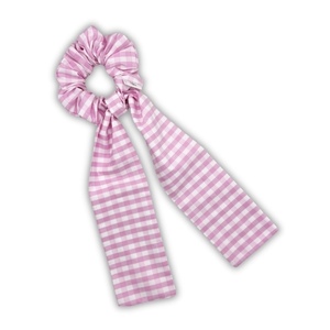 Pink gingham scarf scrunchie - ύφασμα, για τα μαλλιά, λαστιχάκια μαλλιών