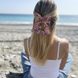 Floral blush cotton bow - ύφασμα, φιόγκος, φλοράλ, για τα μαλλιά, hair clips - 2