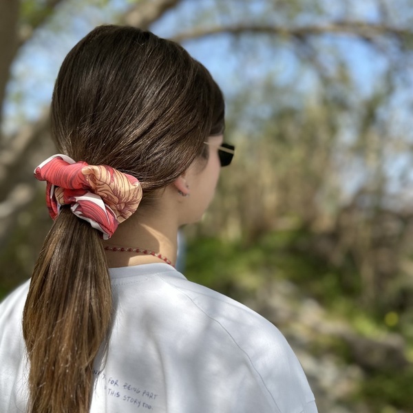 Ecru bloom regular satin scrunchie - ύφασμα, φλοράλ, λαστιχάκια μαλλιών - 3