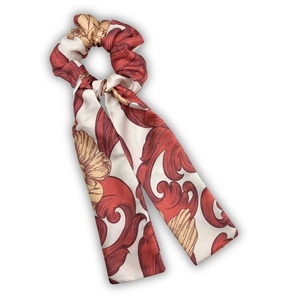 Ecru bloom scarf scrunchie - ύφασμα, φλοράλ, λαστιχάκια μαλλιών