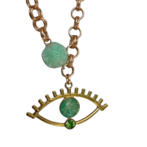 Green eyes necklace! - γυαλί, ορείχαλκος, αλουμίνιο, μάτι, χάντρες