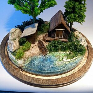 Διόραμα - Ψαράδικη καλύβα ( 17 x 10 cm ) - ξύλο, χαρτί, ρητίνη, διακοσμητικά - 2