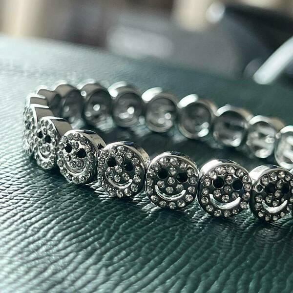 Silver smiley bracelet with strass - ατσάλι, boho, χεριού, αυξομειούμενα