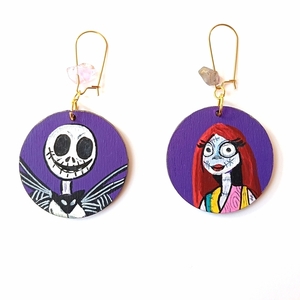 Σκουλαρίκια Halloween - ζωγραφισμένα σε ξύλο διαμέτρου 4cm - ξύλο, μακριά, μικρά, boho - 2