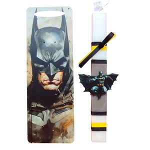 Σετ δώρου: Λευκή λαμπάδα Batman και ξύλινο καδράκι Batman - αγόρι, λαμπάδες, για παιδιά, σούπερ ήρωες, ήρωες κινουμένων σχεδίων