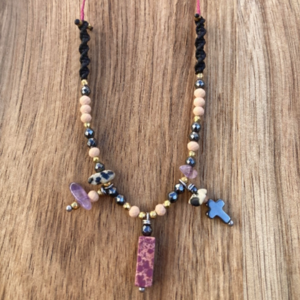 Boho κολιέ με χαολίτη, αιματίτη και αμέθυστο - ημιπολύτιμες πέτρες, χαολίτης, σταυρός, boho, αυξομειούμενα