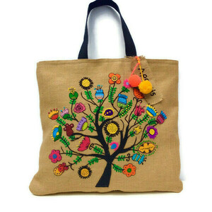 Boho tote bag χειροποίητη απλικε με πολύχρωμο δέντρο - ύφασμα, ώμου, μεγάλες, φλοράλ, tote