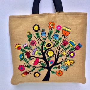 Boho tote bag χειροποίητη απλικε με πολύχρωμο δέντρο - ύφασμα, ώμου, μεγάλες, φλοράλ, tote - 3