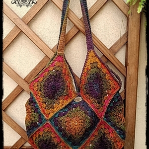 Τσάντα πλεκτή boho granny diamond πολύχρωμη - νήμα, ώμου, φλοράλ, all day, πλεκτές τσάντες - 2