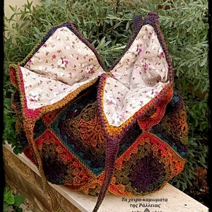 Τσάντα πλεκτή boho granny diamond πολύχρωμη - νήμα, ώμου, φλοράλ, all day, πλεκτές τσάντες - 3