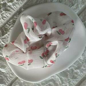 Scrunchie pattern vintage floral με κερασάκια - ύφασμα, λαστιχάκια μαλλιών