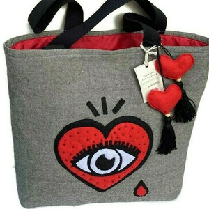 Tote bag απο γκρι υφασμα και απλικε με κοκκινη mexican sacred heart - ύφασμα, ώμου, all day, tote, πάνινες τσάντες