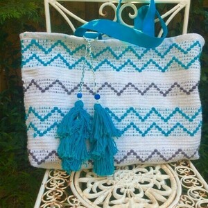 Χειροποίητη Boho τσάντα υφαντή σε μπλε λευκό - ύφασμα, ώμου, μεγάλες, all day, tote - 3