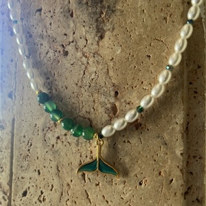 Mermaid necklace|Green aventurine - ημιπολύτιμες πέτρες, κοντά, ατσάλι, γοργόνα, πέρλες - 2