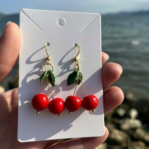 Cherries | Χειροποίητα σκουλαρίκια πηλού - επιχρυσωμένα, πηλός, ατσάλι, boho, γάντζος - 5