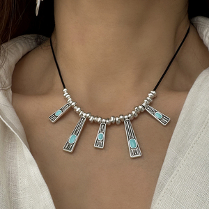Boho style κολιέ με γεωμετρικά στοιχεία. Επαργυρος Ορείχαλκος - One size - ορείχαλκος, ασήμι 925, boho, βαμβακερό νήμα
