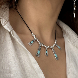 Boho style κολιέ με γεωμετρικά στοιχεία. Επαργυρος Ορείχαλκος - One size - ορείχαλκος, ασήμι 925, boho, βαμβακερό νήμα - 3