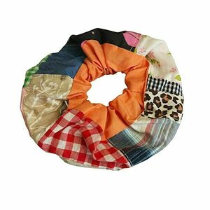 Scrunchy patchwork με πορτοκαλί φάσα - ύφασμα, δώρα για γυναίκες, λαστιχάκια μαλλιών