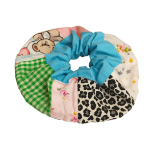 Scrunchy patchwork με φάσα γαλάζια - ύφασμα, δώρα για γυναίκες, λαστιχάκια μαλλιών
