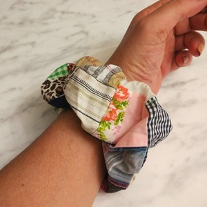 Scrunchy patchwork με φάσα μπλε - ύφασμα, δώρα για γυναίκες, λαστιχάκια μαλλιών - 5