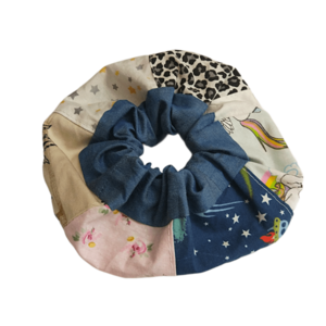 Scrunchy patchwork με φάσα μπλε-ραφ - ύφασμα, δώρα για γυναίκες, λαστιχάκια μαλλιών