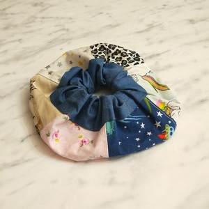 Scrunchy patchwork με φάσα μπλε-ραφ - ύφασμα, δώρα για γυναίκες, λαστιχάκια μαλλιών - 3